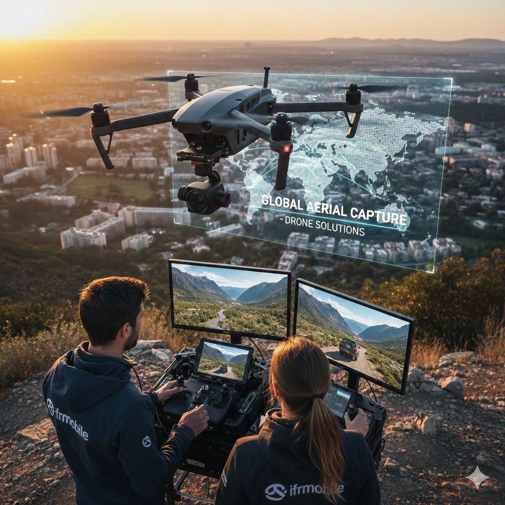 Drone in volo che riprende una città